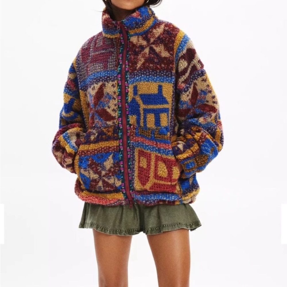 Rare BDG Mae Printed Piled Fleece Zip-Up Jacket in Brown Multi